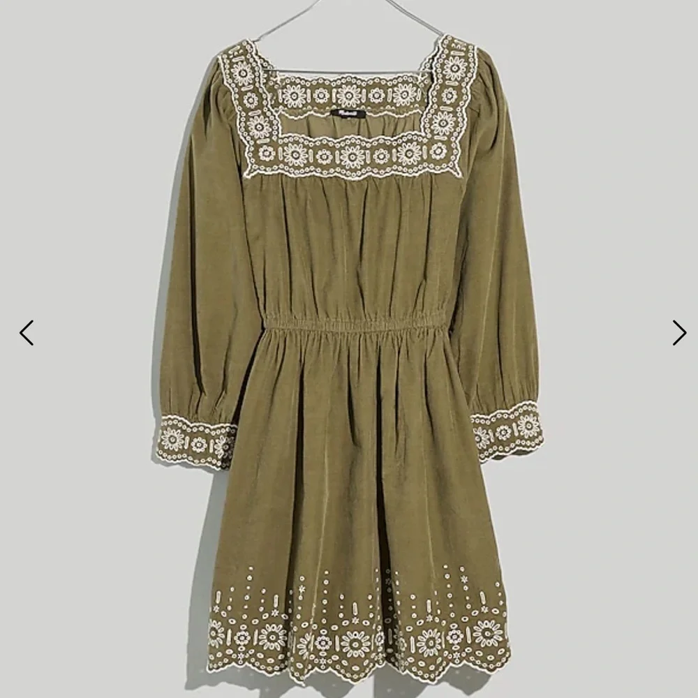 Madewell Embroidered corduroy olive green square neck mini dress‎ Sz PL new